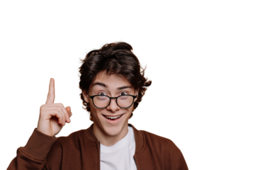 Eureka! Smart Spanish boy in white t-shirt and brown jacket pointing up by index finger at empty space on transparent background. Intelligent caucasian teenager in glasses looks at camera. Mockup.