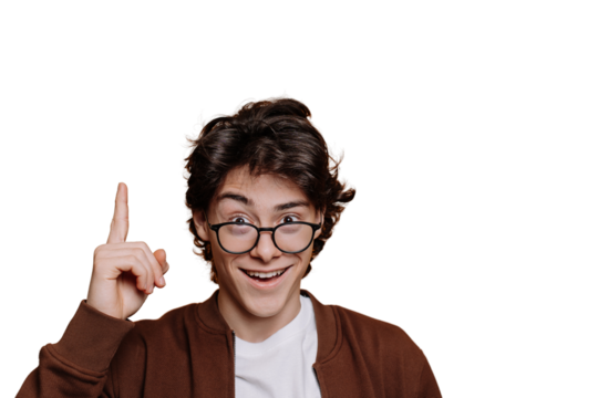 Eureka! Smart Spanish boy in white t-shirt and brown jacket pointing up by index finger at empty space on transparent background. Intelligent caucasian teenager in glasses looks at camera. Mockup. - Powered by Adobe