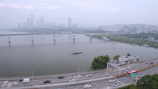 [korea drone footage] Han river landscape, Seoul, Korea, Yangwha bridge,