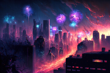 A New Year's eve night view of a city with fireworks in the sky and a lot of buildings in the background. Generative AI.
