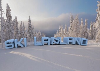 The inscription in English skiing Lapland against the backdrop of a ski slope in Finland.3d render illustration