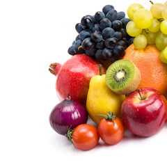 Fruits and vegetables isolated on white . Free space for text.