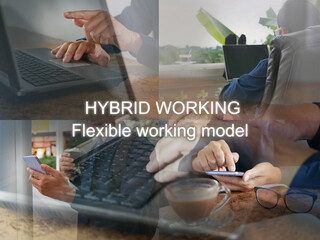 A man in hybrid work style to blend his time between working at an office and from several different places including home remotely. - obrazy, fototapety, plakaty