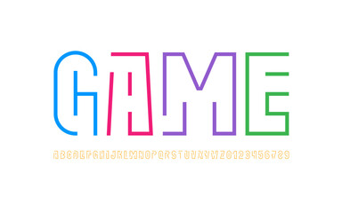 Digital font alphabet from segment multi colored line, minimal technology style letters and numbers