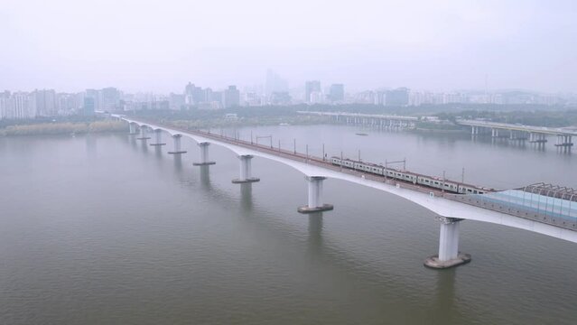 [korea drone footage] Han river landscape, Seoul, Korea, Yangwha bridge,