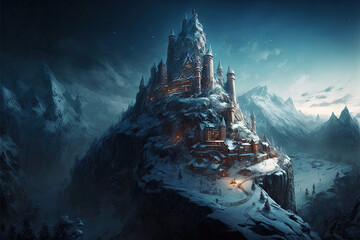 Fantasy Medieval Castle in Snowy Mountains, Concept Art, Digital Illustration