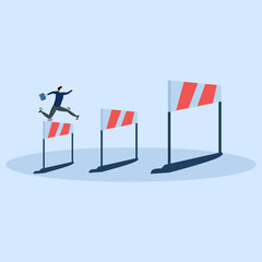 Business challenge concept, ambitious businessman jumping over hurdles to find higher barriers, overcoming difficulties or obstacles to achieve business success, effort, skills to solve problems.
