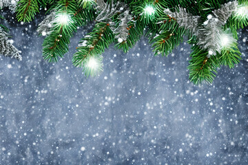 Christmas tree branches falling snow, Background, generative ai