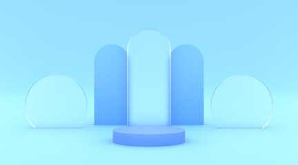 Podium blue with blue background and glass effect 3d illustration render for your product design flyer and etc