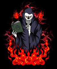 illustration design of angel of death carrying book and fire