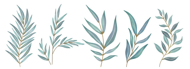 Naklejka premium Watercolor Blue Pink, Branch painting leaf art