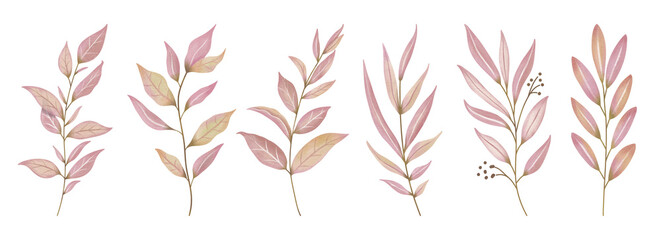 Watercolor Leaves Pink, Branch painting leaf art
