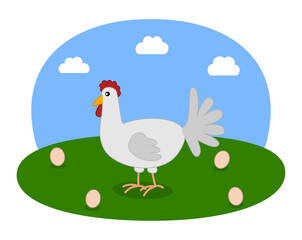 Illustration of a white hen and eggs with green meadow and blue sky