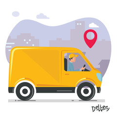 Delivery truck van with courier on city background. Vector illustration of red truck delivery.