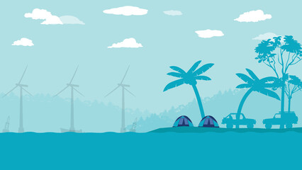 Fototapeta na wymiar flat cartoon side view of off road vehicle car camping with sea ocean beach view