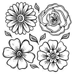 Collection set flower Illustration hand drawn sketch doodle for tattoo, stickers, logo, etc