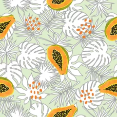 Stof per meter Tropical fruit pattern with watercolor papaya and exotic leaves. Vector seamless tropic illustration. © Afanasia