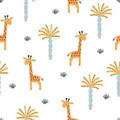 Cartoon giraffe and palms pattern. Vector childish seamless illustration