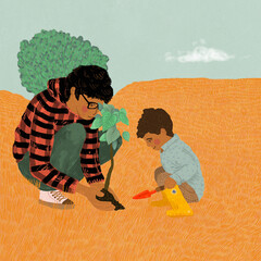 Vector design of man with son planting tree in nature