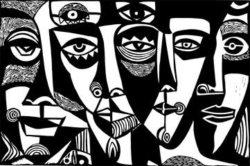 black and white linocut, faces