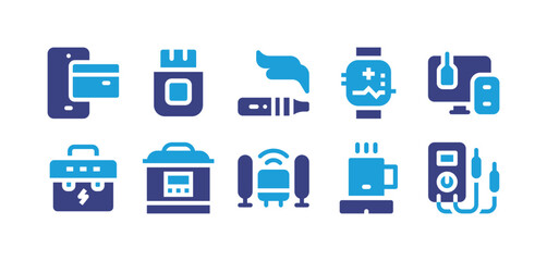 Electronics icon set. Duotone color. Vector illustration. Containing mobile payment, flash drive, electronic cigarette, smartwatch, gadget, tool box, multicooker, speakers, heater, multimeter.