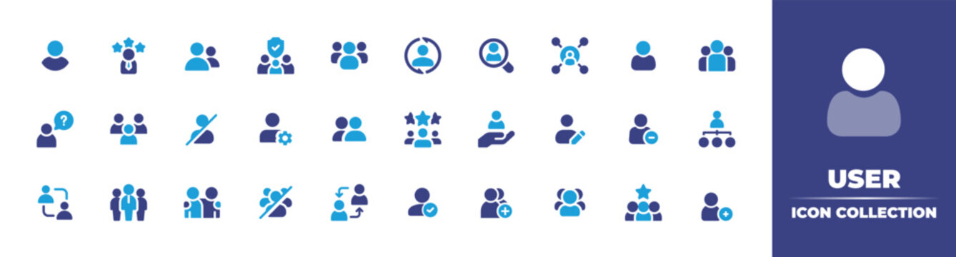User icon collection. Duotone color. Vector illustration. Containing user, rating, group, family, group users, magnifier, social media, question, users, user avatar, profile, people, and more.