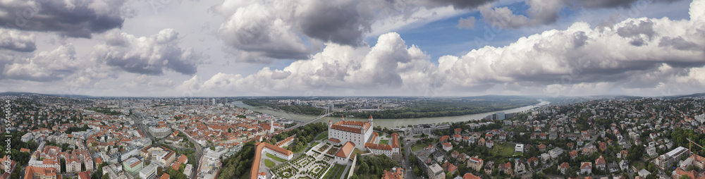 Canvas Prints bratislava, slovakia. aerial view of city castle and skyline at sunset. panoramic viewpoint from dro