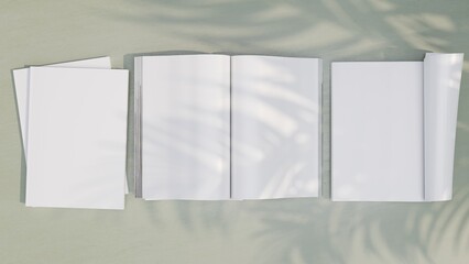 3D rendering of magazines  on green stone background with palm tree shadows. Mockup. 3D illustration