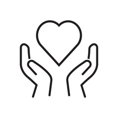 Black isolated outline icon of heart in hands on white background. Line icon of heart and hands. Symbol of care, love, charity.