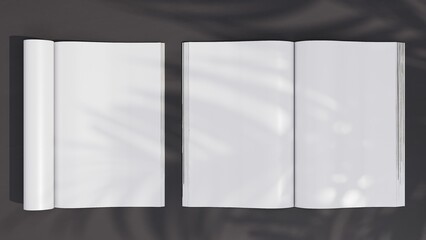 3D rendering of magazines  on dark stone background with palm tree shadows. Mockup. 3D illustration