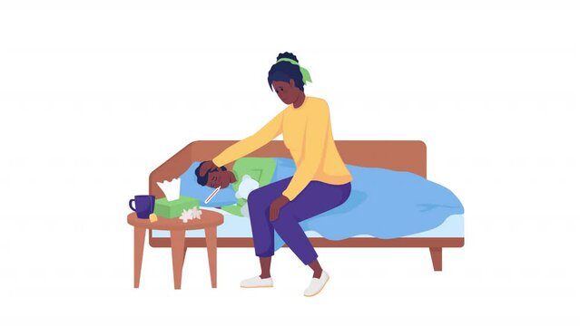 Animated kid temperature measuring. Sick child. Full body flat person on white background with alpha channel transparency. Colorful cartoon style HD video footage of character for animation