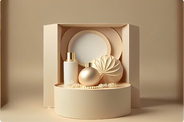 3D background gift open box display for cosmetic. AI generated art illustration.