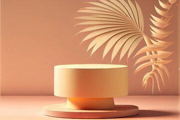 3D background wood pedestal podium on natural palm. AI generated art illustration.