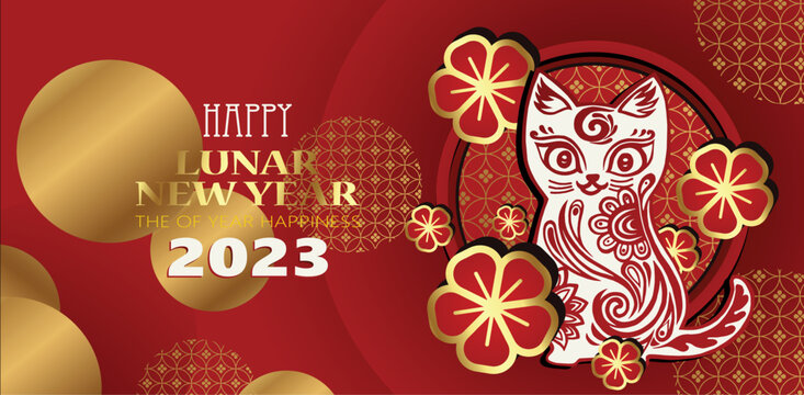Lunar new year banner with modern background and patterned cat image .