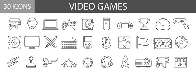 Fototapeta na wymiar 30 Video games icons set. Game genres and attributes. Lines with editable stroke. Isolated vector icons 