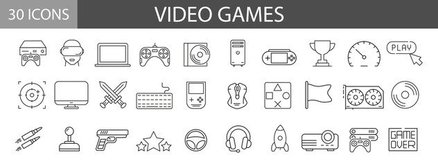30 Video games icons set. Game genres and attributes. Lines with editable stroke. Isolated vector icons
