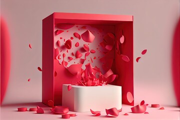 3D podium display background. Red surprise open gift. AI generated art illustration.