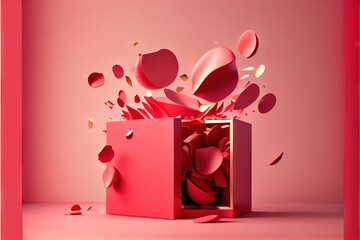 3D podium display background. Red surprise open gift. AI generated art illustration.