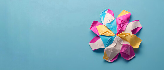 Generative AI. Colorful origami paper crafts on a blue background. copy space background for your text or message.