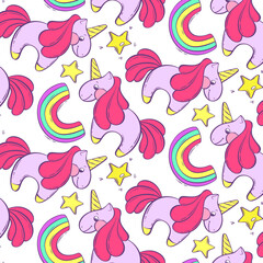 Seamless pattern with fabulous unicorn, rainbow and stars. Purple fantasy pony. Vector illustration in cartoon style. Children's illustration.