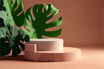 3D wooden podium display with leaf shadow. AI generated art illustration.	