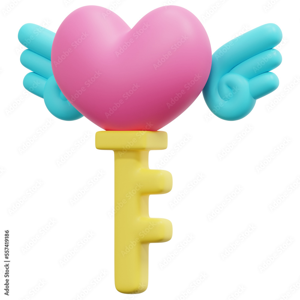 Poster key heart 3d render icon illustration