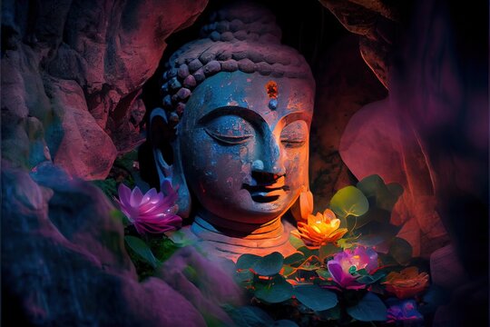 Generative AI illustration of abstract lifelike buddha, flowers, magic lighting, beautiful metallic and stone colors, detailed, natural lighting, natural environment. Digitally generated image