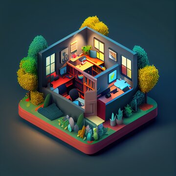 Generative AI Illustration Of Office On Smart Phone, Isometric Diorama, Land Plot, Pop Color, Colorful. Digitally Generated Image