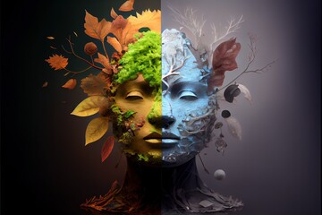 Generative AI illustration of the four temporal seasons in one face, one frame, one tree. Nature concept. Digitally generated image