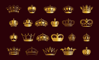 Gold Crown Luxury Symbol Icon Set. Gold Crown For Royal King, Queen, Princess, Prince, Authority, Royalty.