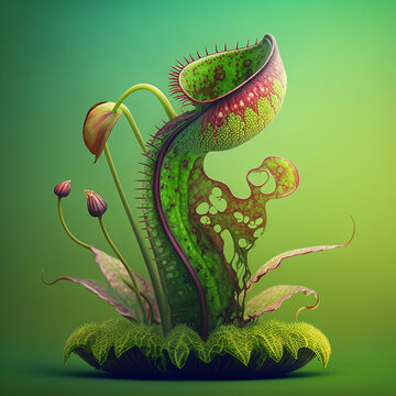Illustration of a carnivorous plant on a green background. Generative AI.