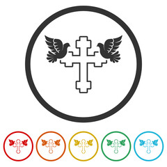Christian cross and Pigeons icon. Set icons in color circle buttons