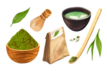 Watercolor set of matcha powder cup, wooden bowl, spoon and whisk, green tea and latter cup, bag tea. Realistic hand drawn cartoon illustration food, isolated on white background. For web design, menu