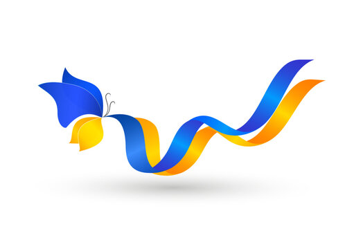 Butterfly of the colors of the Ukrainian national flag flying with blue and yellow colors ribbons isolated on white background. Vector illustration. - Powered by Adobe